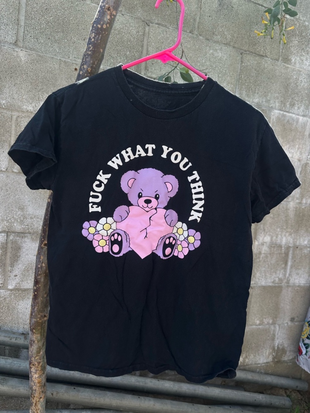 Black Graphic Tee with Purple Teddy Bear